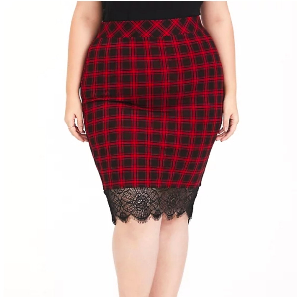 TORRID size 1 pencil red and black plaid lace skirt
